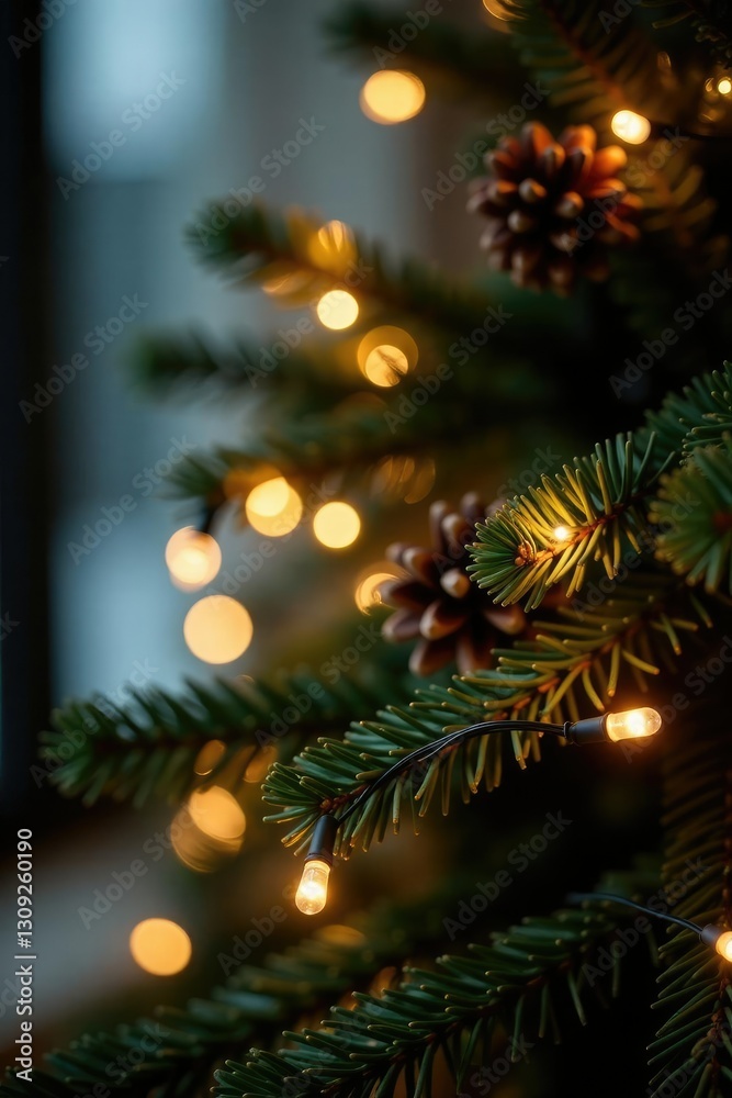 Twinkling lights on fir tree branch with garland and pinecones, Holiday ambiance, Twinkling lights