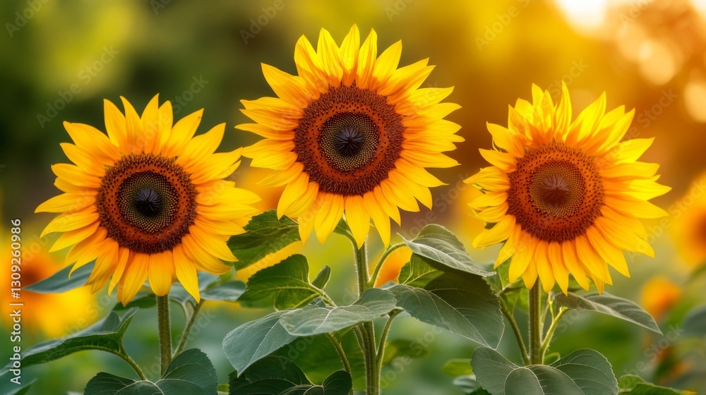 Fototapeta premium Three Sunflowers in a Brightly Lit Field