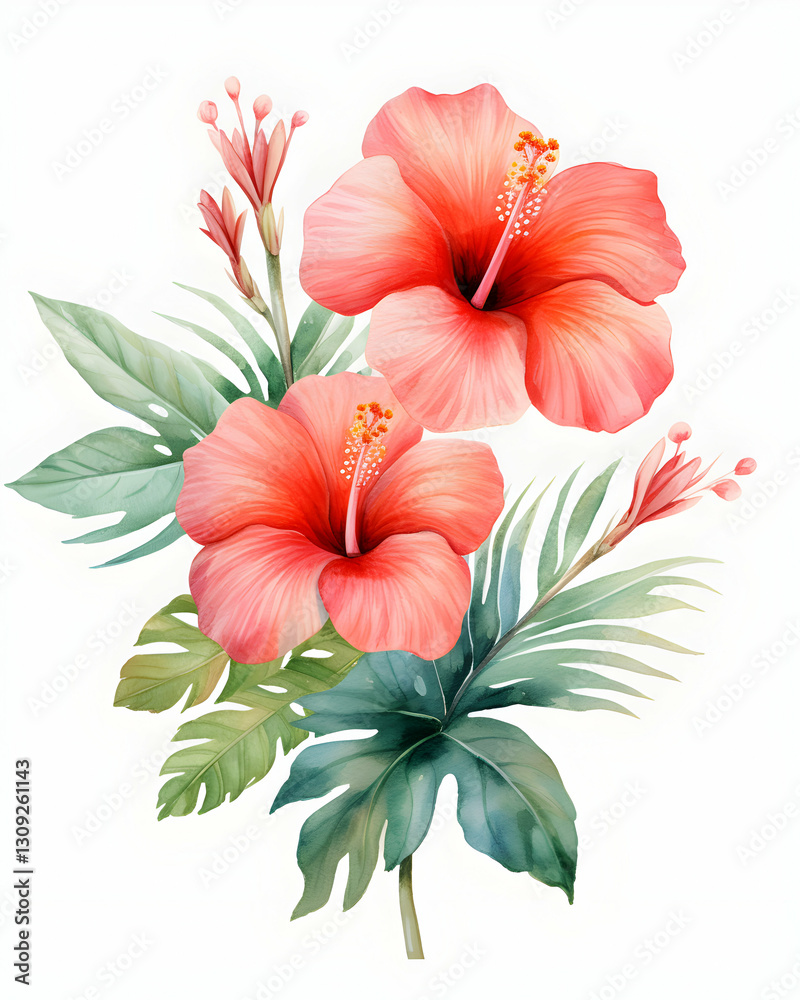 Obraz premium Bright watercolor hibiscus flowers with tropical palm leaves create a vibrant botanical composition in soft hues