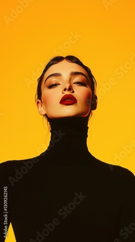 Young asian female with bold red lips against bright yellow background