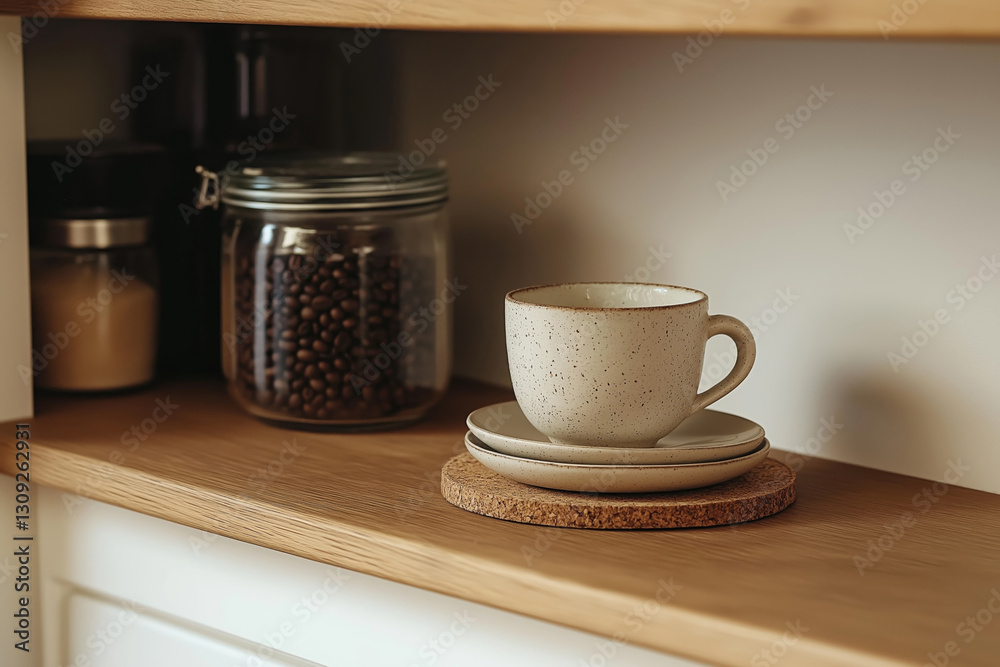 Cozy modern kitchen corner showcasing wooden open shelf with white plates, glass jar of coffee beans, and neutral ceramic mug under warm morning light Cozy modern kitchen corner showcasing wooden open shelf with white plates, glass jar of coffee beans, and neutral ceramic mug under warm morning light