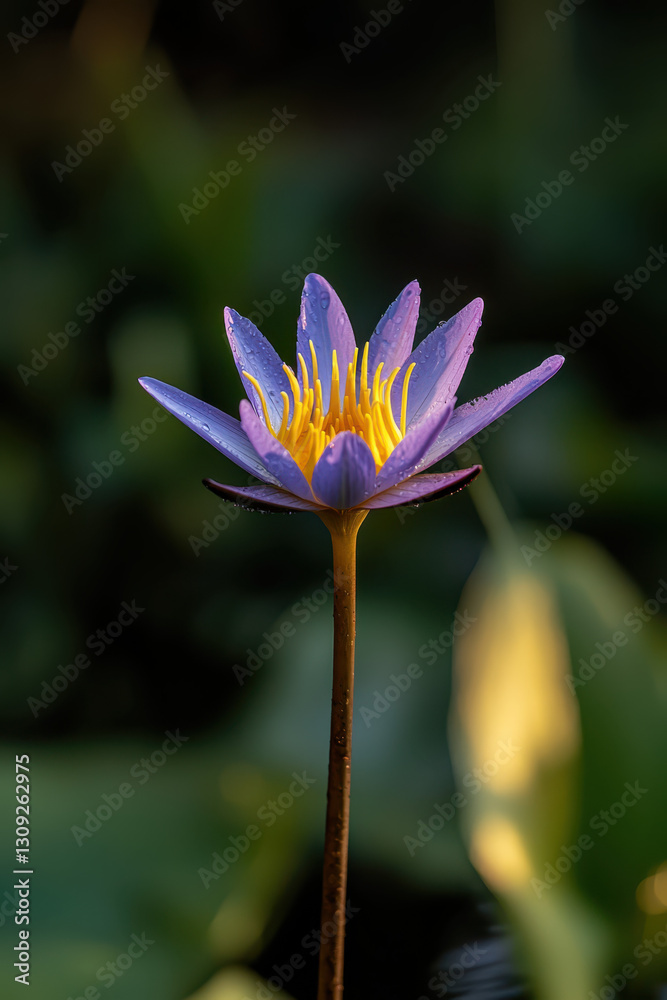 Captivating Purple Lotus Flower Radiating Serenity with Dew Drops and Vibrant Yellow Petals Against a Lush Green Background Captivating Purple Lotus Flower Radiating Serenity with Dew Drops and Vibrant Yellow Petals Against a Lush Green Background
