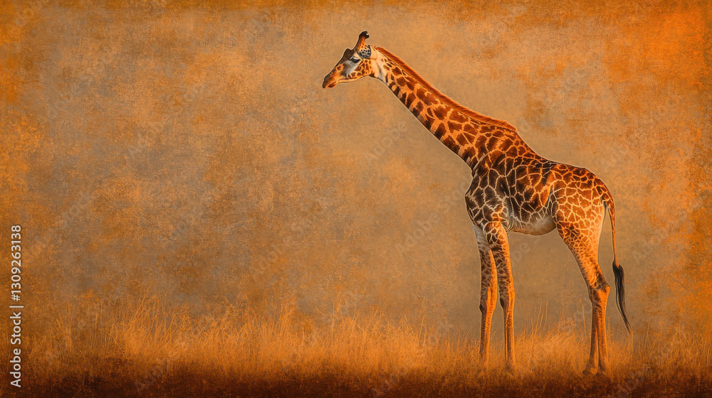 Fototapeta premium A solitary giraffe gracefully standing in a tranquil savanna, bathed in the ethereal golden light of sunset