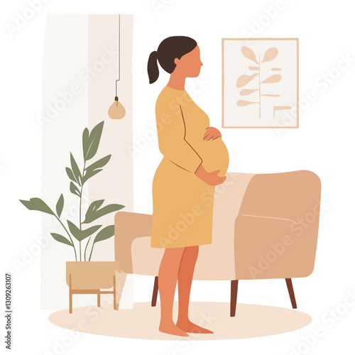 Caring Pregnant Woman Holding Belly, Maternity Love Concept