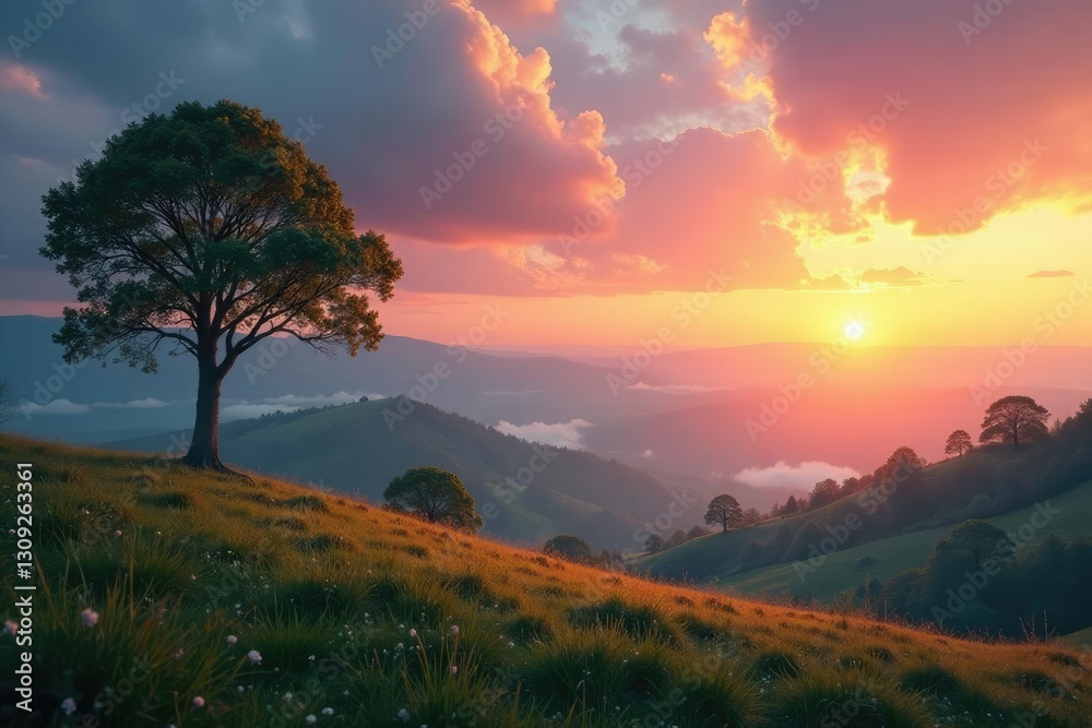 Obraz premium Dreamy landscape of rolling hills and towering trees at dawn, sunrises, soft colours