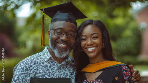 Joyful graduate with proud parent celebrating academic success