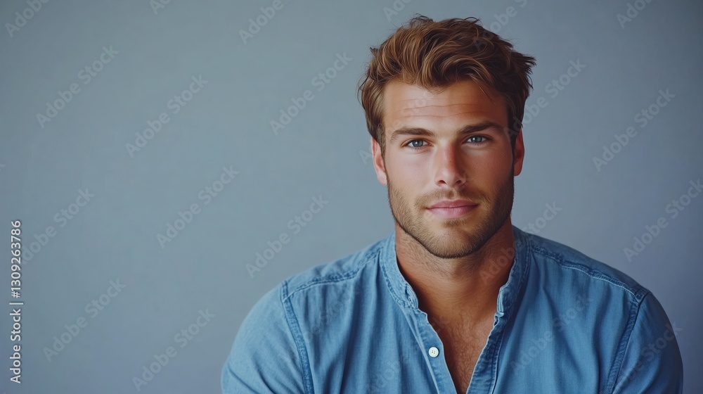 Fototapeta premium Handsome man denim shirt portrait thoughtful expression AI generated