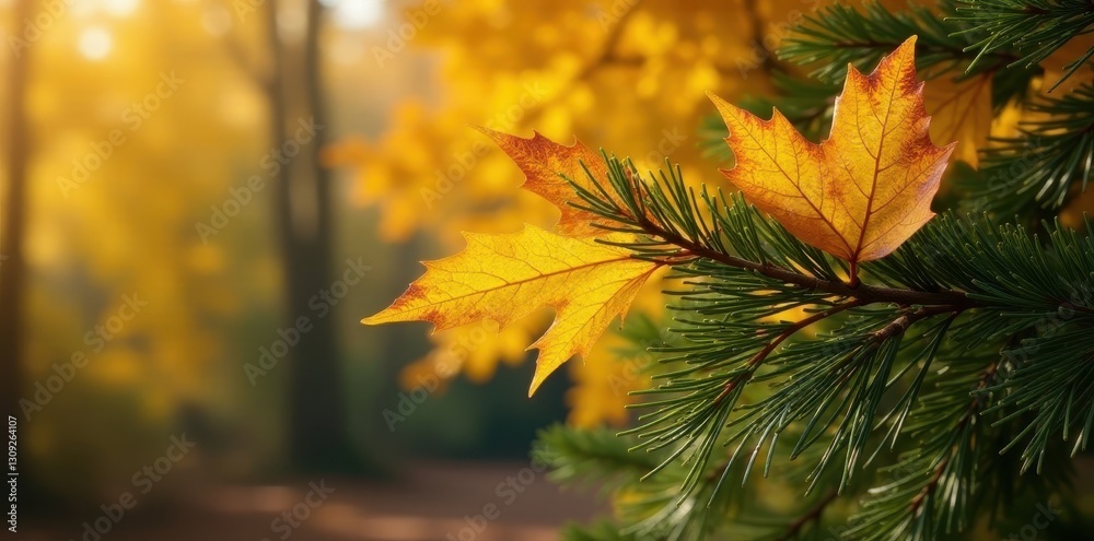 Golden aspen leaves contrast with dark pine needles, autumn light , woods, bark, trunk