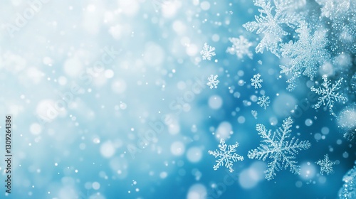 Subtle gradient blue Christmas background with delicate snowflakes glistening, soft glowing edges and a peaceful winter mood, soft focus