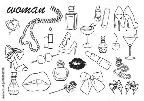 Hand-drawn illustrations. Black and white set of vector pearls, shoes, lipstick, perfumes.