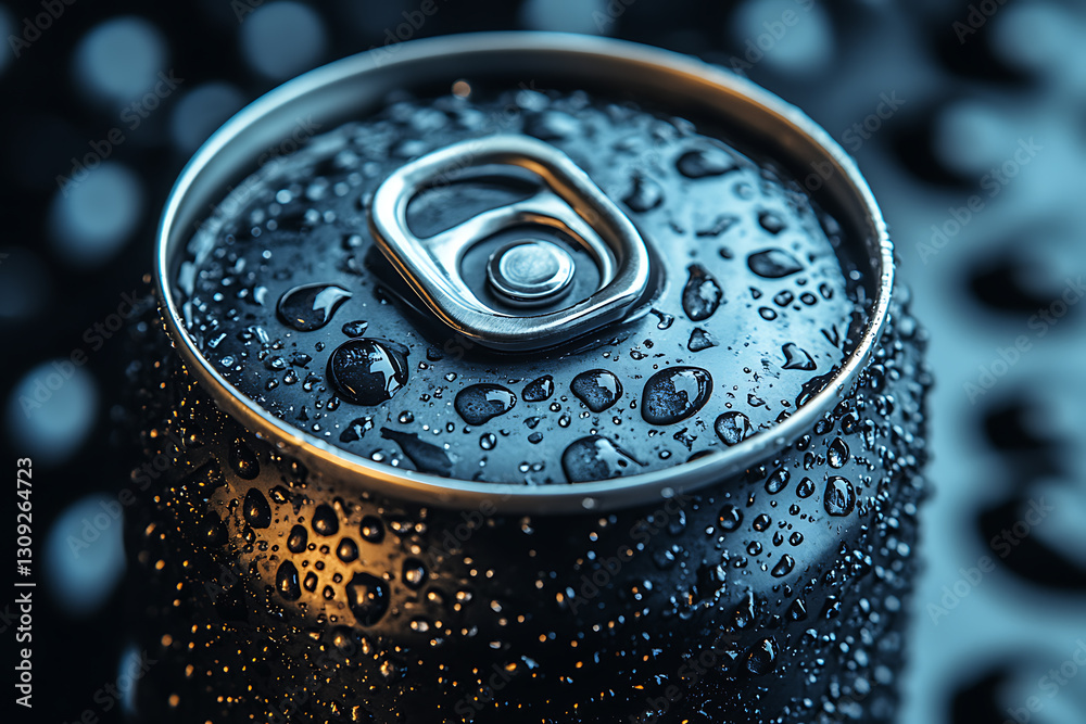 A sleek tin can for a carbonated drink without any inscriptions, covered in fresh water droplets. A sleek tin can for a carbonated drink without any inscriptions, covered in fresh water droplets.