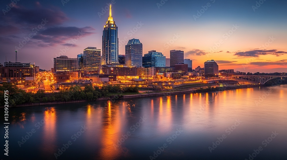 Naklejka premium The Nashville skyline bathed in golden dusk light, bright city lights shimmering, the AT&T Building towering over the city, reflections dancing on the river, wide-angle perspective.