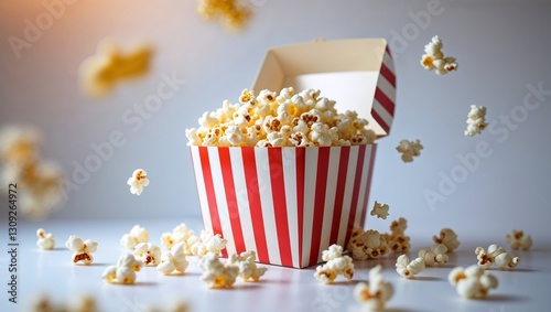 Popcorn overflowing from a red and white striped container with kernels scattered around