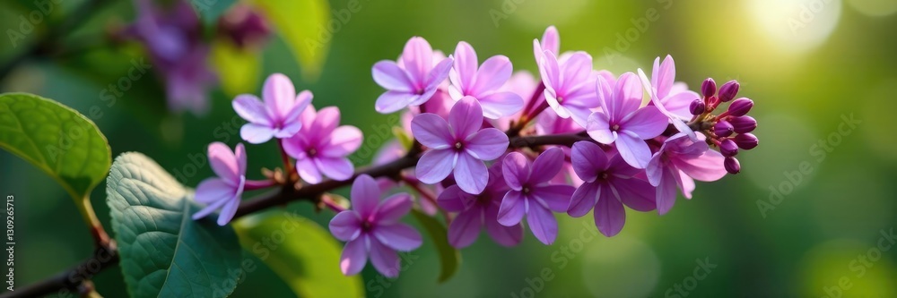 Obraz premium Lilac branch laden with heavy clusters of purple flowers and green leaves, branches, flowers