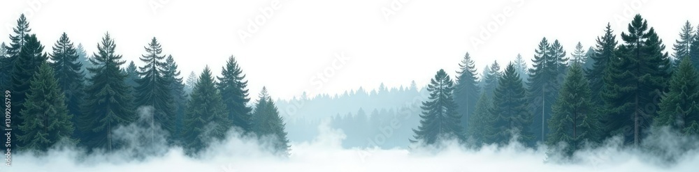 Fototapeta premium Lonely forest landscape with towering trees on white background, scenery, woods