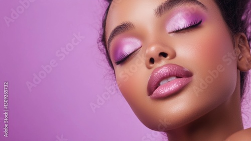 African female with pink makeup and glossy lips against purple background