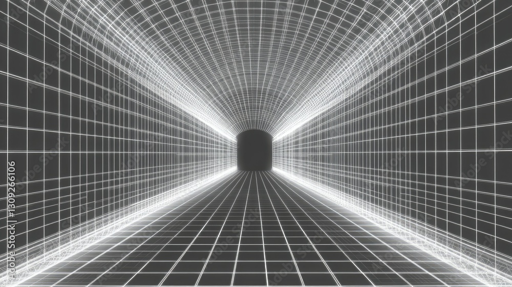 Obraz premium A visually striking retro-futuristic wireframe tunnel with glowing rectangular grid patterns stretching infinitely.