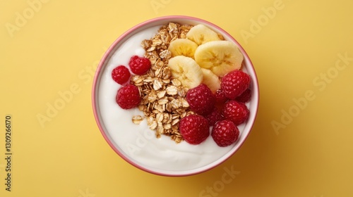Healthy breakfast bowl with yogurt, granola, bananas, and raspberries on yellow background
