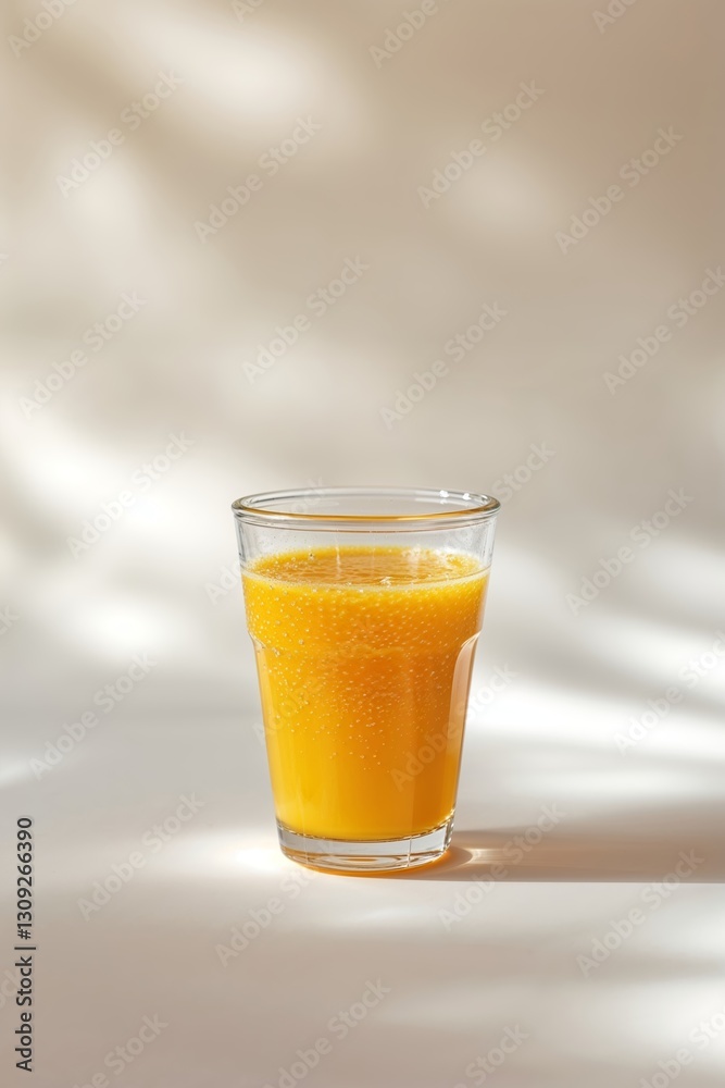 Freshly squeezed orange juice served in a clear glass against a soft, neutral background with natural light highlighting its vibrant color Freshly squeezed orange juice served in a clear glass against a soft, neutral background with natural light highlighting its vibrant color