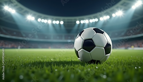 Classic black-and-white soccer ball on fresh grass with stadium lights