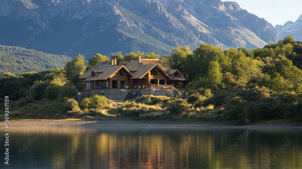 Fototapeta premium Mountain Lake House: Serenity by the Water