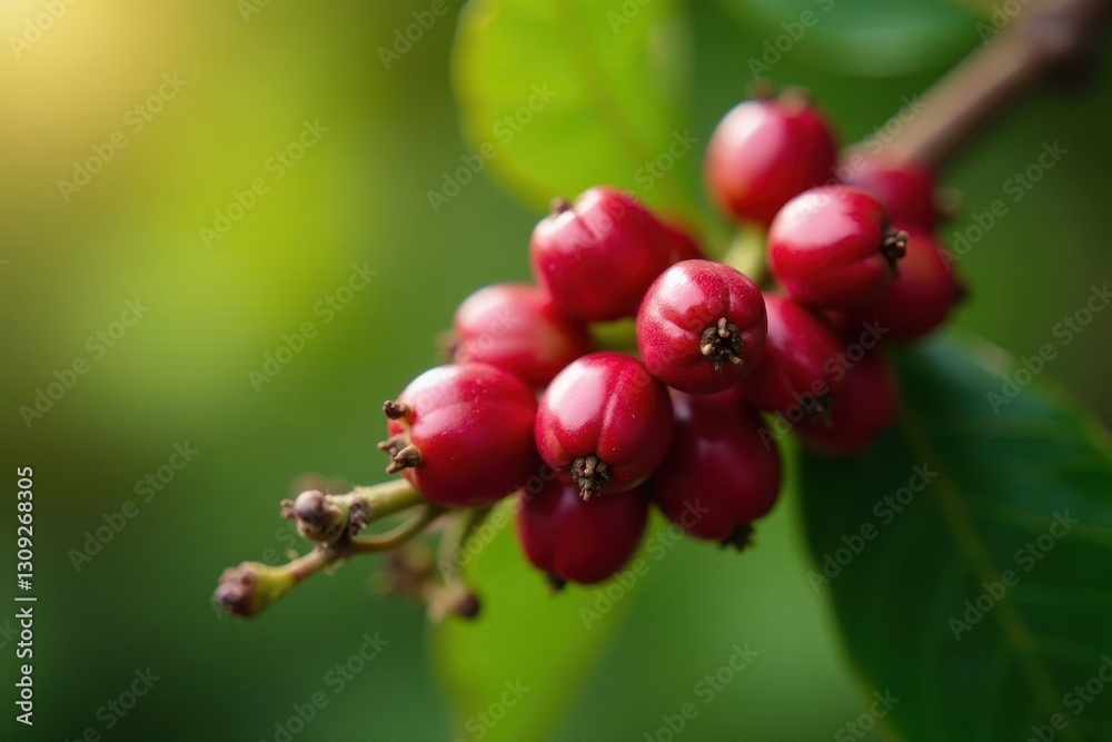 Ripe red Arabica coffee berries cluster on branch , macro, tree, organic Ripe red Arabica coffee berries cluster on branch , macro, tree, organic