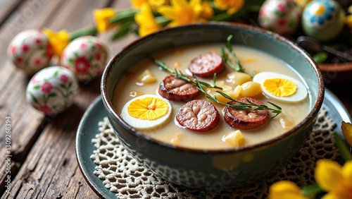 Traditional Polish White Borsch (Żurek) with Easter Decorations - Perfect for Holiday Recipes, Culinary Magazines & Restaurant Menus