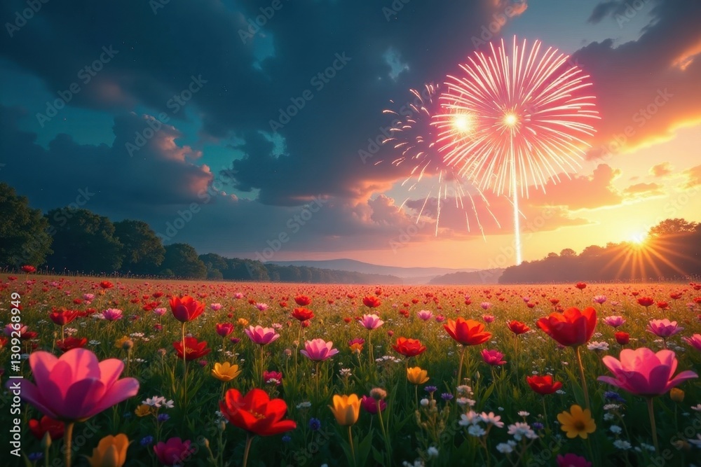Serene field ablaze with fireworks; wildflowers bathed in light, fantastic, bloom