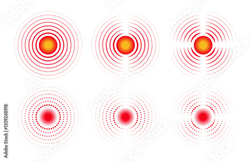 Red pain circles icon set for medical painkillers drug. Signs to mark painful places on the body. Radial pain icon with lines waves. Vector illustration 