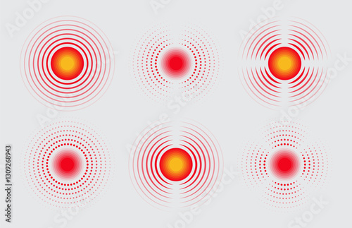 Red pain circles icon set for medical painkillers drug. Signs to mark painful places on the body. Radial pain icon with lines waves. Vector illustration 