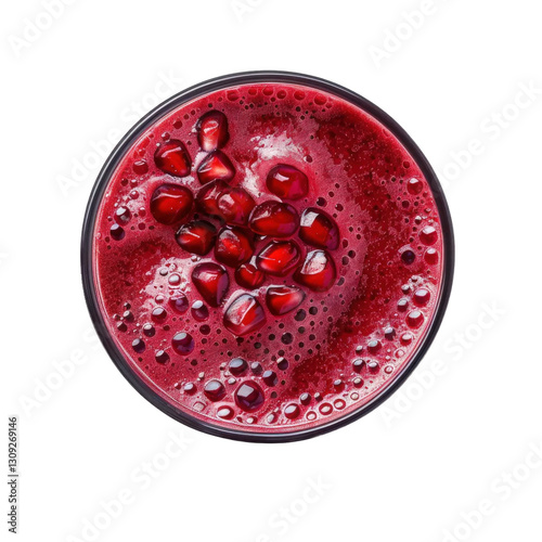Freshly blended pomegranate juice in a black glass showcasing vibrant color and refreshing consistency with pomegranate seeds on top, perfect for a healthy drink option