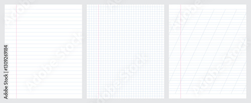 Set of blank sheets of lined, square and oblique line paper in school notebook format. Paper templates for notes, writing, sketching, and journaling. Ideal for school, office and work. 