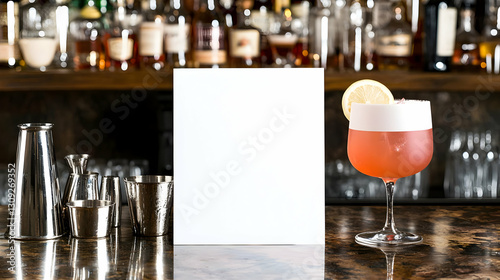 Elegant Cocktail Drink with Lemon Garnish and Blank Menu Card on a Bar Counter with Blurred Background