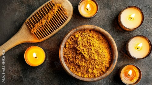 Displaying vibrant turmeric powder and candles for relaxation and natural wellness at a cozy setting