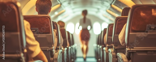 Inside an airplane cabin with passengers and flight attendant walking