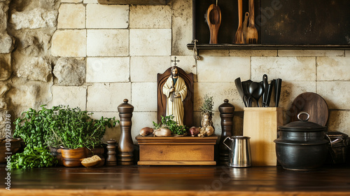 Rustic Kitchen with a Saint Joseph Shrine, Surrounded by Traditional Italian Cooking Utensils, Fresh Herbs, and the Spirit of St. Joseph's Day
