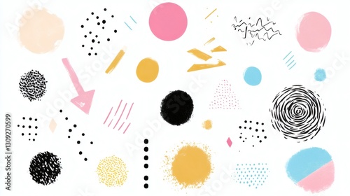 Colorful abstract design featuring various shapes on a white background for creative inspiration and artistic purposes