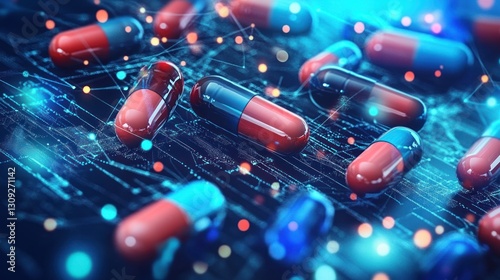 Abstract background with pills and capsules on digital connections, a technology science research concept. Wide-angle lens, realistic daylight lighting. 