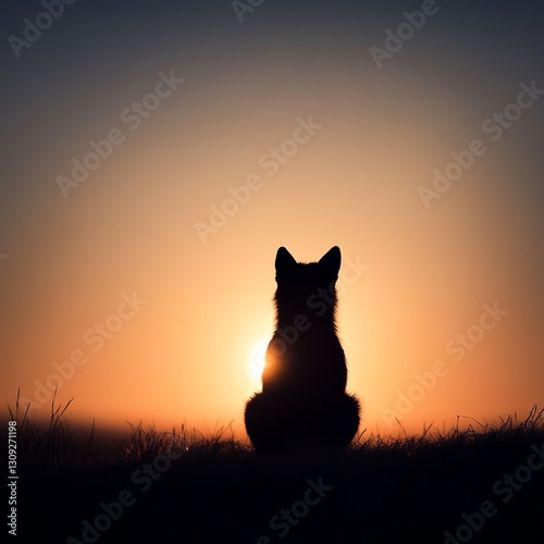 Silhouette of dog watching sunset, AI-generated image.