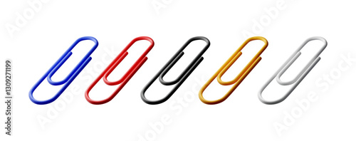 3D set of colored paper clips isolated on white. Render collection of paperclip icons. Tools for education and work. Stationery and office supply. Vector illustration