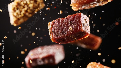 High-speed capture of gourmet jerky pieces in mid-air with seasoning and spices surrounding them