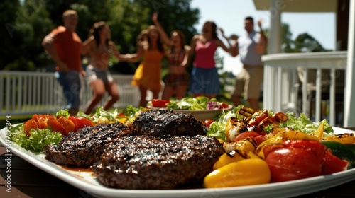 Grilled steaks, veggie platter, friends celebrating