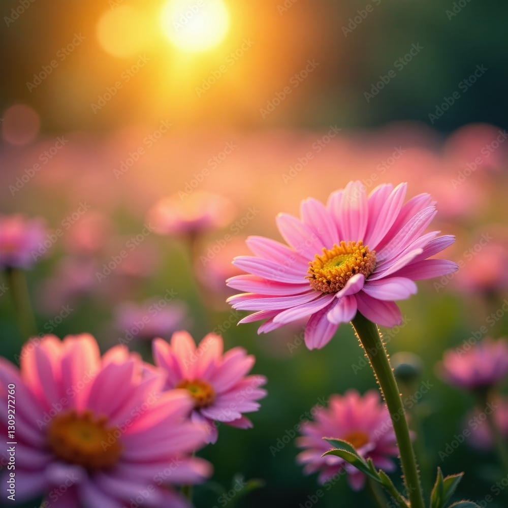 Fototapeta premium Sunset hues paint blooming pink daisies in summer garden , flowers, rustic