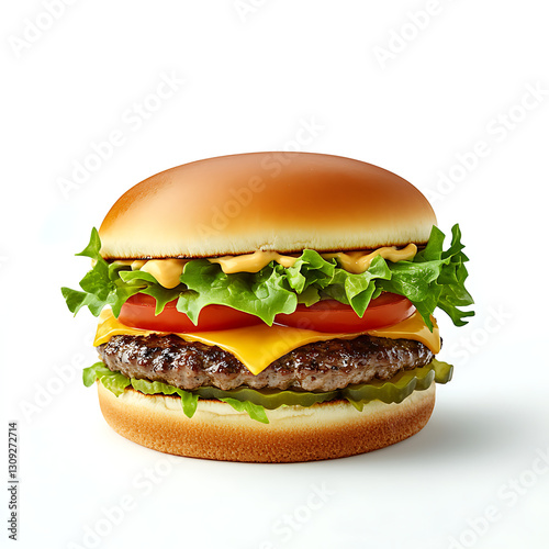A grilled beef burger with cheese, lettuce, and tomato is isolated on a white background