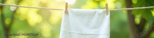 Freshly laundered white terry towel hanging on a clothesline, clothesline, linen