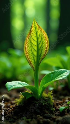 Green hooded plant with brown stripes growing in a shaded forest floor, triphyllum, greens, plants photo