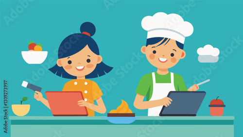 Two kids cooking up a storm together on their tablets making virtual meals and sharing recipes.. Vector illustration