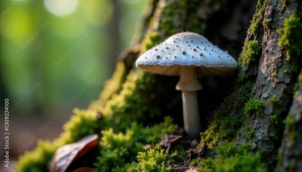 Fototapeta premium Grey mushroom growing in a crack of tree bark, shaded area, wood texture, epiphytes