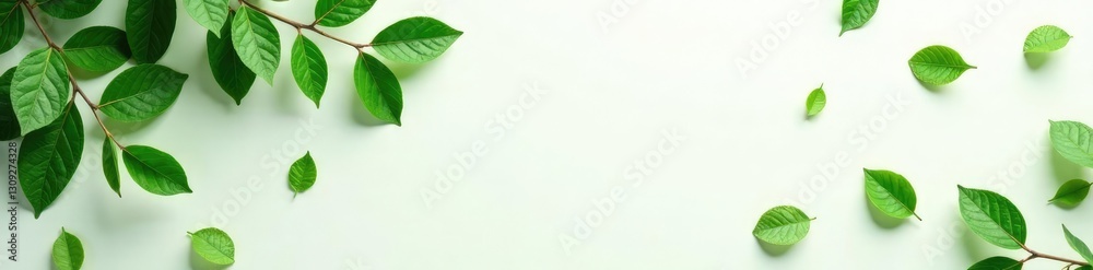 Fototapeta premium Leafy green foliage scattered on a pure white surface, with natural textures and soft light, texture, landscape