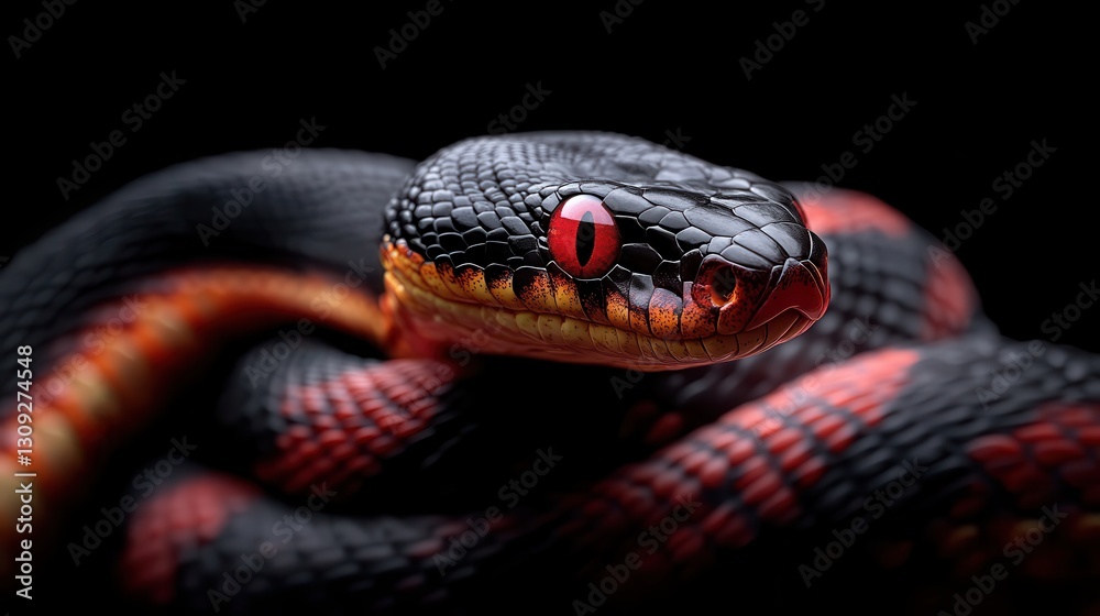 Fototapeta premium This striking close-up showcases a snake with vibrant scales and piercing red eyes, highlighting its intricate texture and captivating beauty in a dramatic setting.